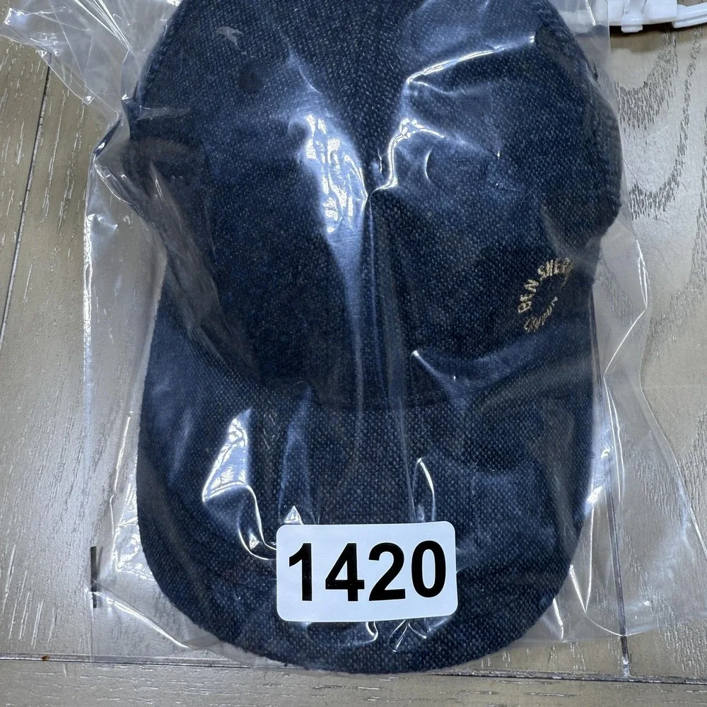 Ben Sherman Hat Cap Strap‎ Back Gray Blue Tweed Herringbone Leather Strap Mens